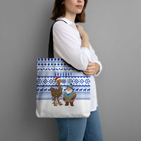 Uruguay Christmas Tote Bag with Santa Claus Rhea Bird Holiday Lights and Blue Geometric Pattern - Wonder Print Shop