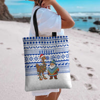 Uruguay Christmas Tote Bag with Santa Claus Rhea Bird Holiday Lights and Blue Geometric Pattern - Wonder Print Shop