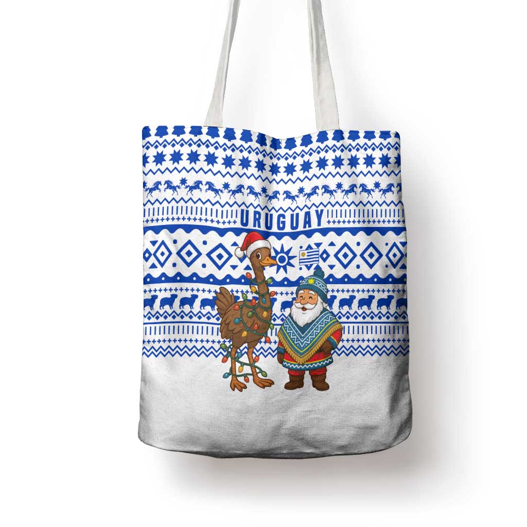 Uruguay Christmas Tote Bag with Santa Claus Rhea Bird Holiday Lights and Blue Geometric Pattern - Wonder Print Shop