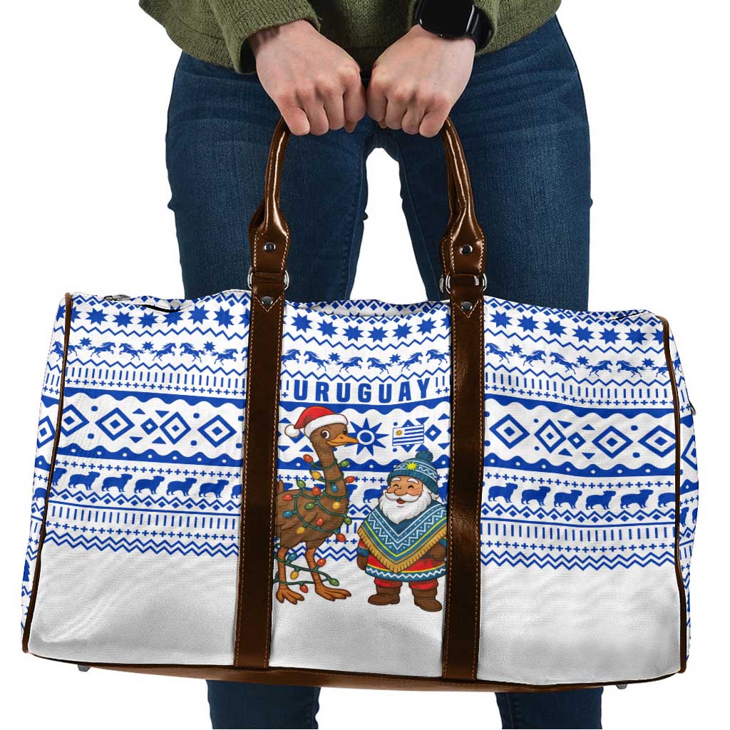 Uruguay Christmas Travel Bag with Santa Claus Rhea Bird Holiday Lights and Blue Geometric Pattern - Wonder Print Shop