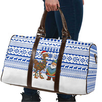 Uruguay Christmas Travel Bag with Santa Claus Rhea Bird Holiday Lights and Blue Geometric Pattern - Wonder Print Shop