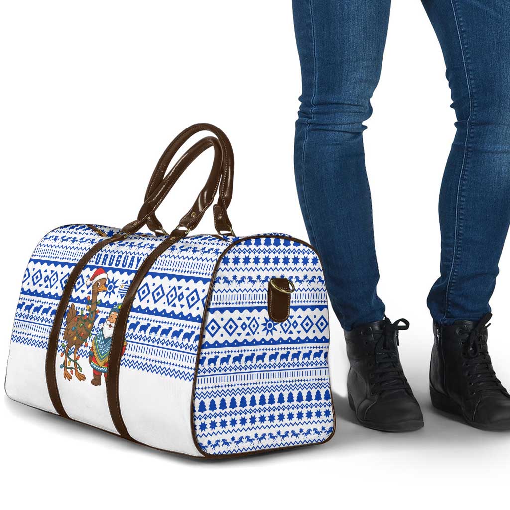 Uruguay Christmas Travel Bag with Santa Claus Rhea Bird Holiday Lights and Blue Geometric Pattern - Wonder Print Shop