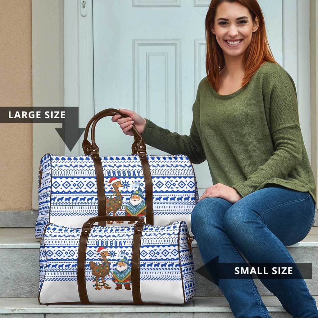 Uruguay Christmas Travel Bag with Santa Claus Rhea Bird Holiday Lights and Blue Geometric Pattern - Wonder Print Shop