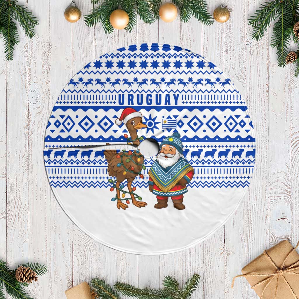 Uruguay Christmas Tree Skirt with Santa Claus Rhea Bird Holiday Lights and Blue Geometric Pattern - Wonder Print Shop