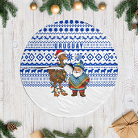 Uruguay Christmas Tree Skirt with Santa Claus Rhea Bird Holiday Lights and Blue Geometric Pattern - Wonder Print Shop