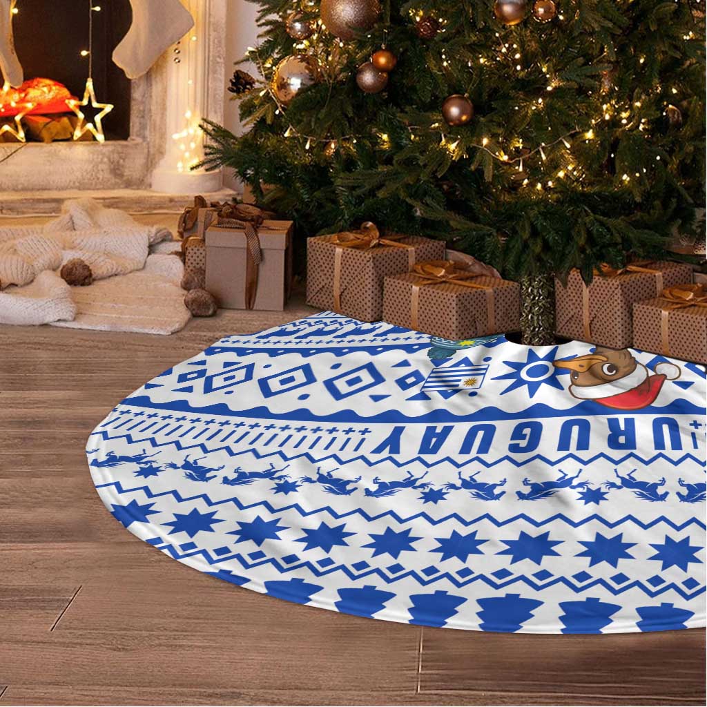 Uruguay Christmas Tree Skirt with Santa Claus Rhea Bird Holiday Lights and Blue Geometric Pattern - Wonder Print Shop
