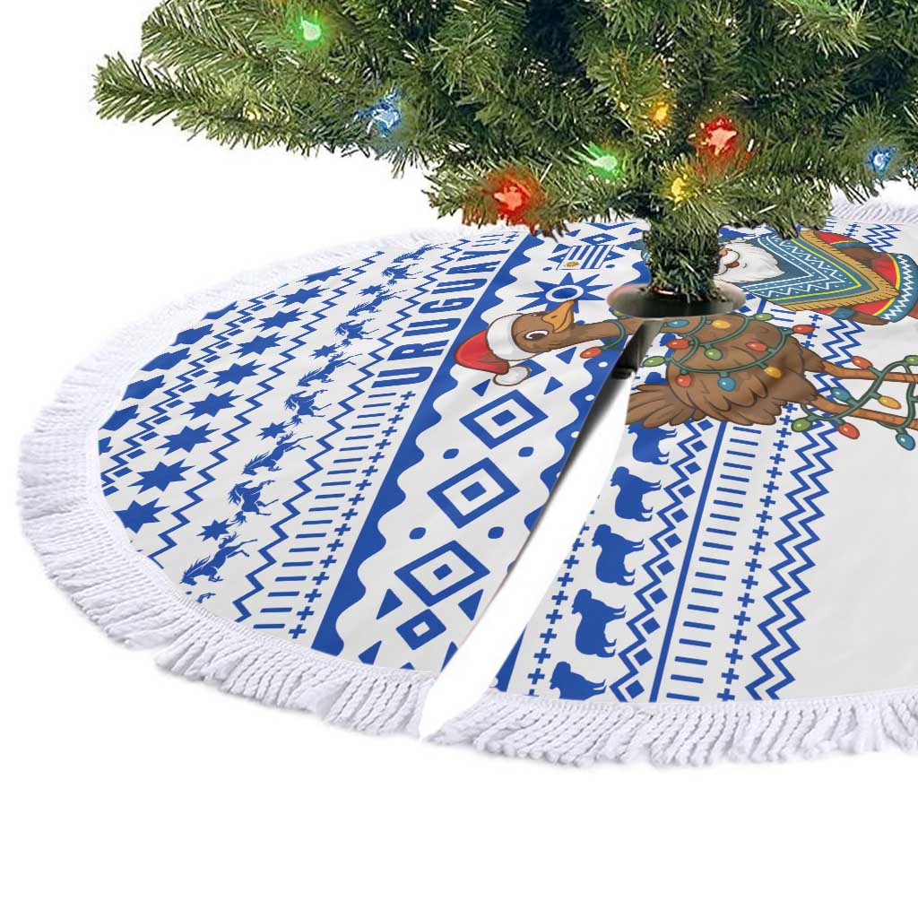 Uruguay Christmas Tree Skirt with Santa Claus Rhea Bird Holiday Lights and Blue Geometric Pattern - Wonder Print Shop