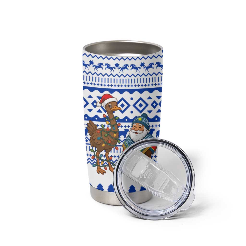 Uruguay Christmas Tumbler Cup with Santa Claus Rhea Bird Holiday Lights and Blue Geometric Pattern - Wonder Print Shop