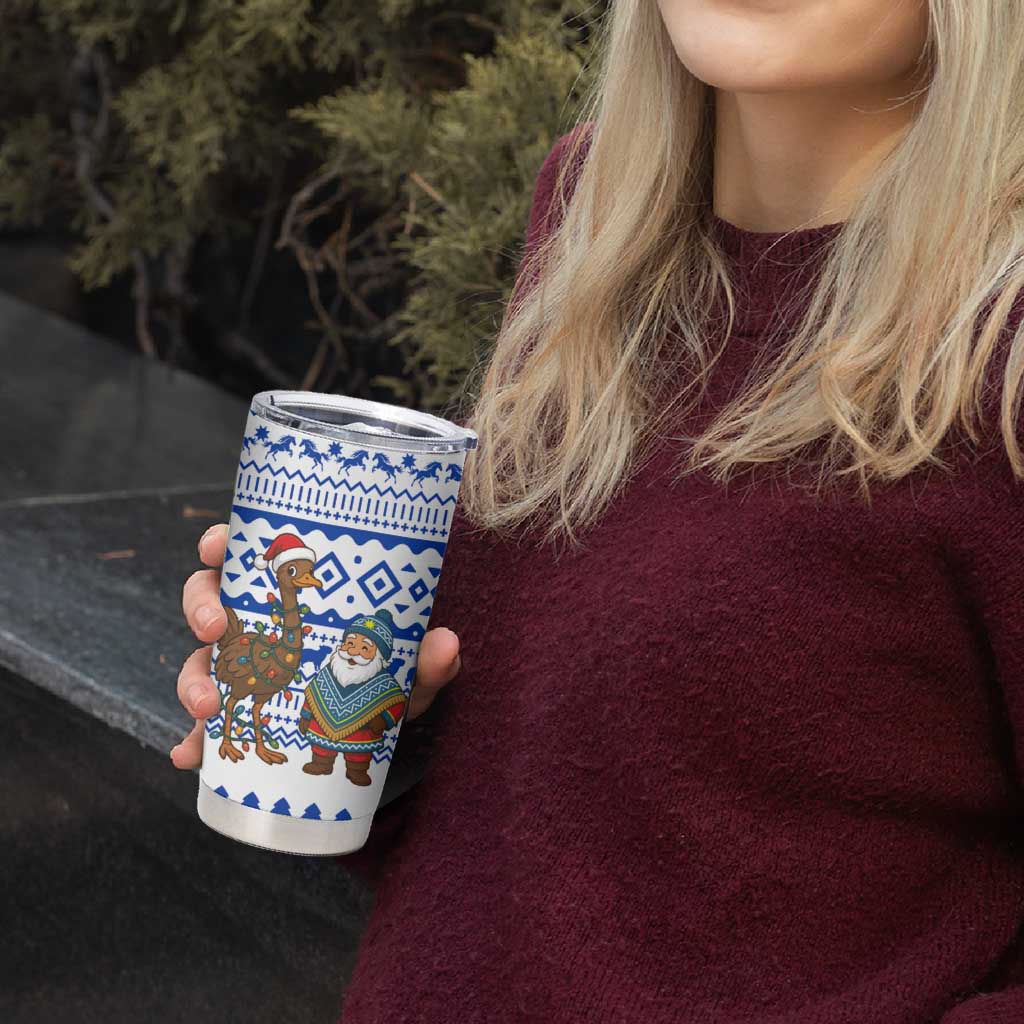 Uruguay Christmas Tumbler Cup with Santa Claus Rhea Bird Holiday Lights and Blue Geometric Pattern - Wonder Print Shop