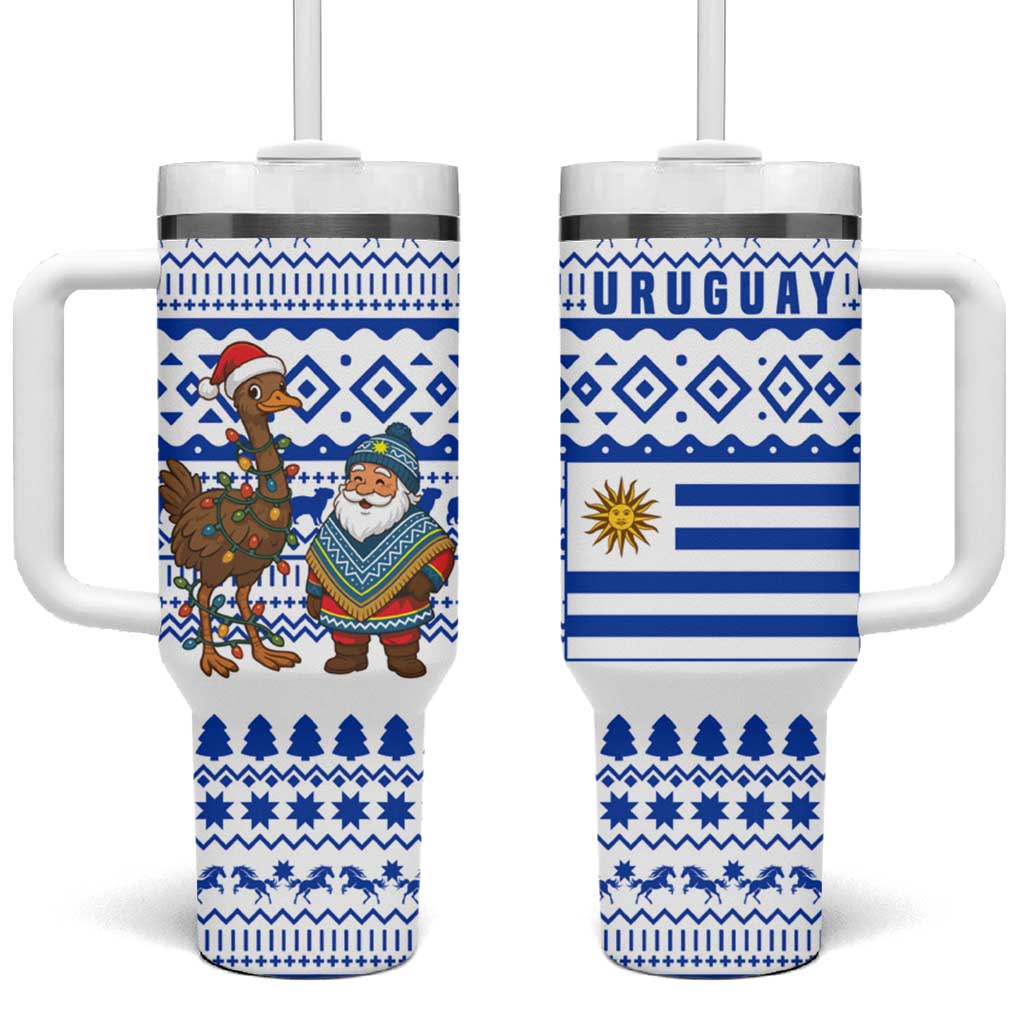 Uruguay Christmas Tumbler With Handle with Santa Claus Rhea Bird Holiday Lights and Blue Geometric Pattern - Wonder Print Shop