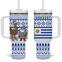 Uruguay Christmas Tumbler With Handle with Santa Claus Rhea Bird Holiday Lights and Blue Geometric Pattern - Wonder Print Shop