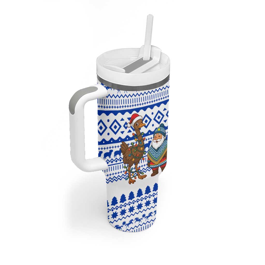 Uruguay Christmas Tumbler With Handle with Santa Claus Rhea Bird Holiday Lights and Blue Geometric Pattern - Wonder Print Shop
