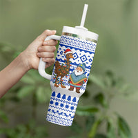 Uruguay Christmas Tumbler With Handle with Santa Claus Rhea Bird Holiday Lights and Blue Geometric Pattern - Wonder Print Shop