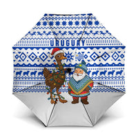 Uruguay Christmas Umbrella with Santa Claus Rhea Bird Holiday Lights and Blue Geometric Pattern - Wonder Print Shop