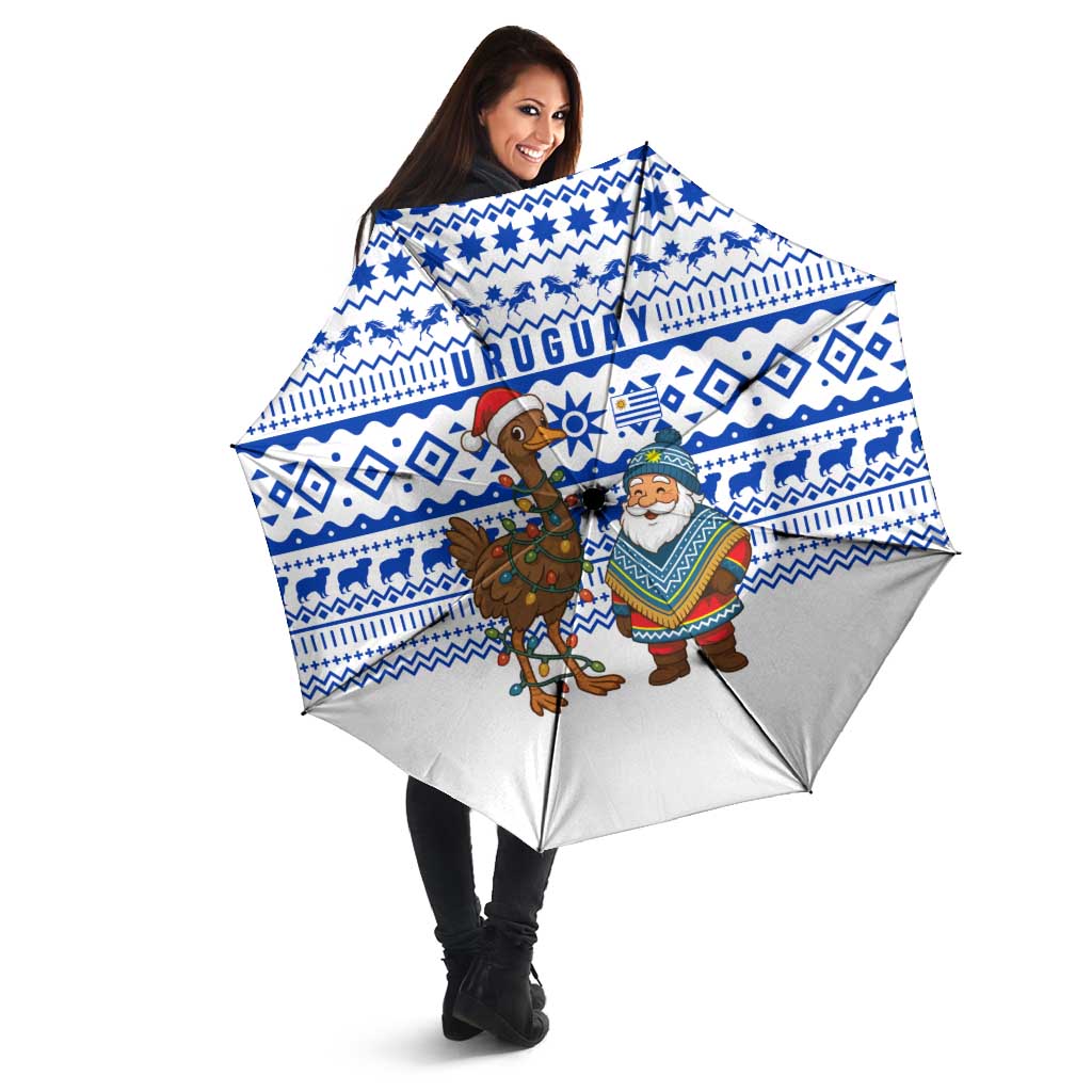 Uruguay Christmas Umbrella with Santa Claus Rhea Bird Holiday Lights and Blue Geometric Pattern - Wonder Print Shop