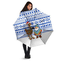 Uruguay Christmas Umbrella with Santa Claus Rhea Bird Holiday Lights and Blue Geometric Pattern - Wonder Print Shop