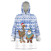 Uruguay Christmas Wearable Blanket Hoodie with Santa Claus Rhea Bird Holiday Lights and Blue Geometric Pattern - Wonder Print Shop
