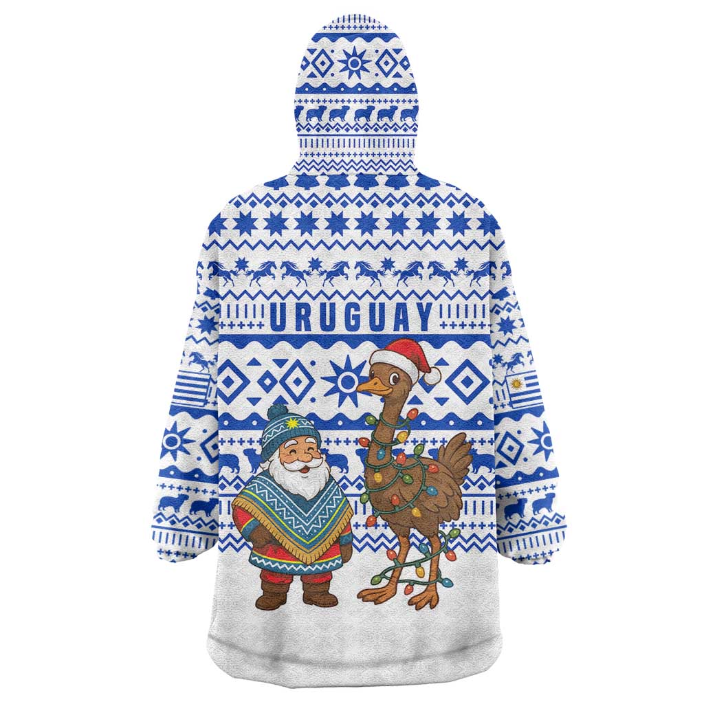 Uruguay Christmas Wearable Blanket Hoodie with Santa Claus Rhea Bird Holiday Lights and Blue Geometric Pattern - Wonder Print Shop