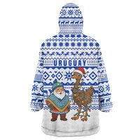 Uruguay Christmas Wearable Blanket Hoodie with Santa Claus Rhea Bird Holiday Lights and Blue Geometric Pattern - Wonder Print Shop