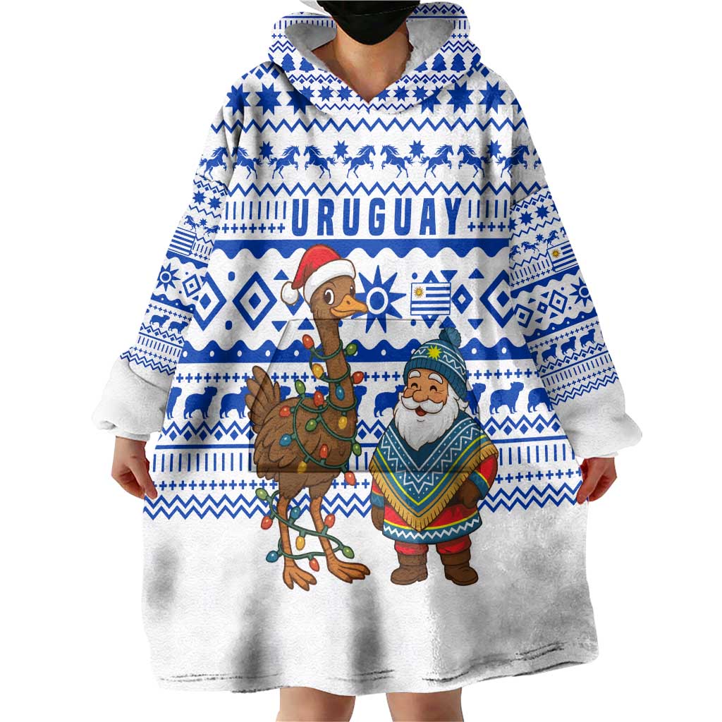 Uruguay Christmas Wearable Blanket Hoodie with Santa Claus Rhea Bird Holiday Lights and Blue Geometric Pattern - Wonder Print Shop