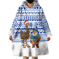 Uruguay Christmas Wearable Blanket Hoodie with Santa Claus Rhea Bird Holiday Lights and Blue Geometric Pattern - Wonder Print Shop