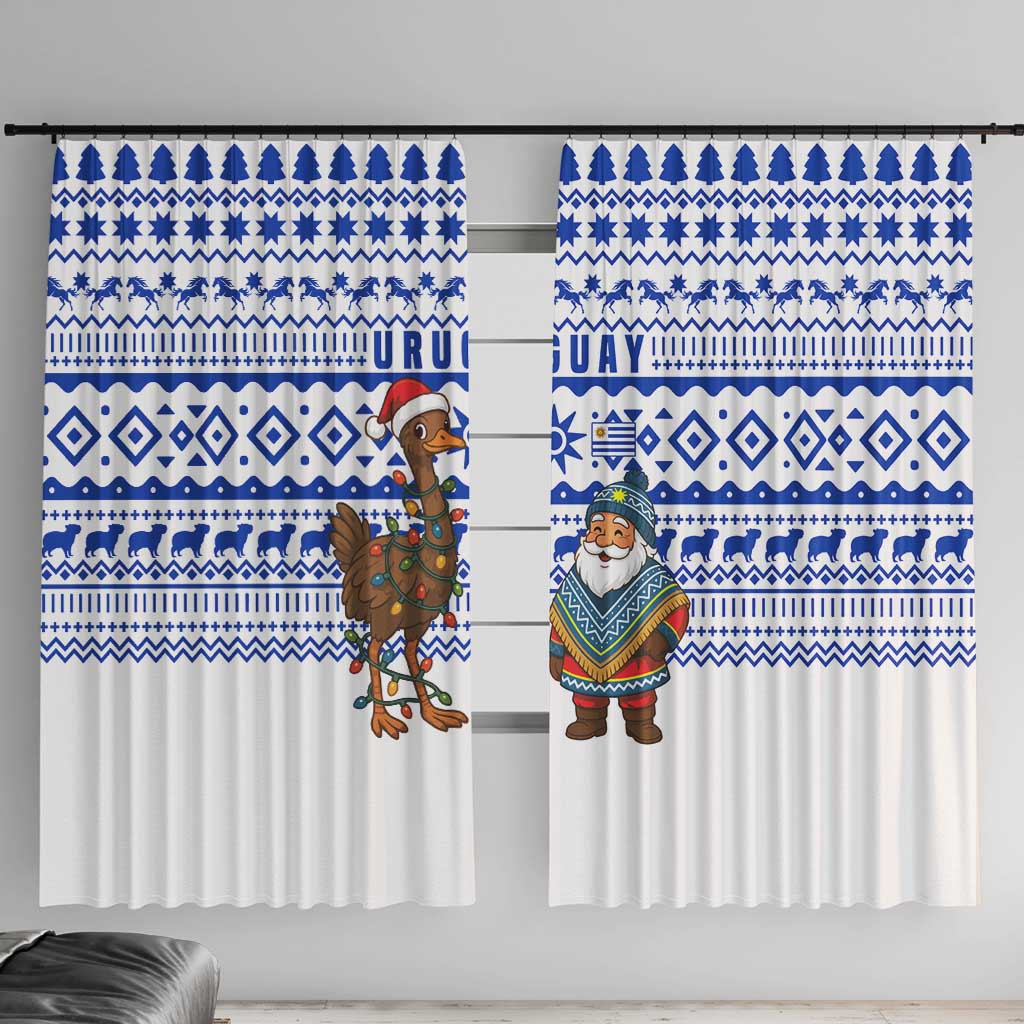 Uruguay Christmas Window Curtain with Santa Claus Rhea Bird Holiday Lights and Blue Geometric Pattern - Wonder Print Shop
