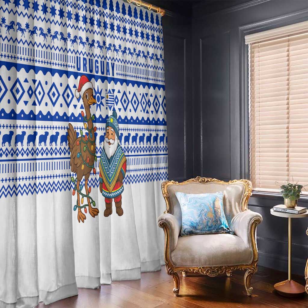 Uruguay Christmas Window Curtain with Santa Claus Rhea Bird Holiday Lights and Blue Geometric Pattern - Wonder Print Shop