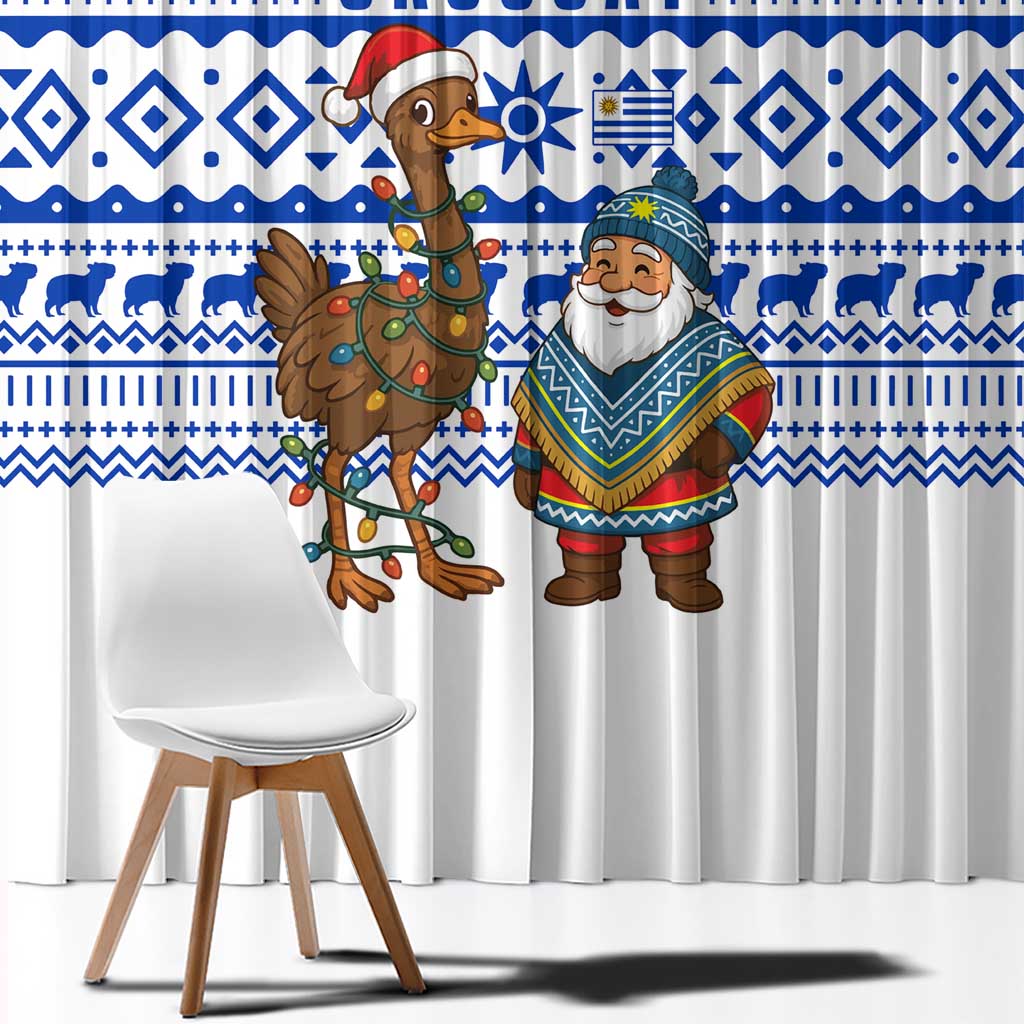 Uruguay Christmas Window Curtain with Santa Claus Rhea Bird Holiday Lights and Blue Geometric Pattern - Wonder Print Shop