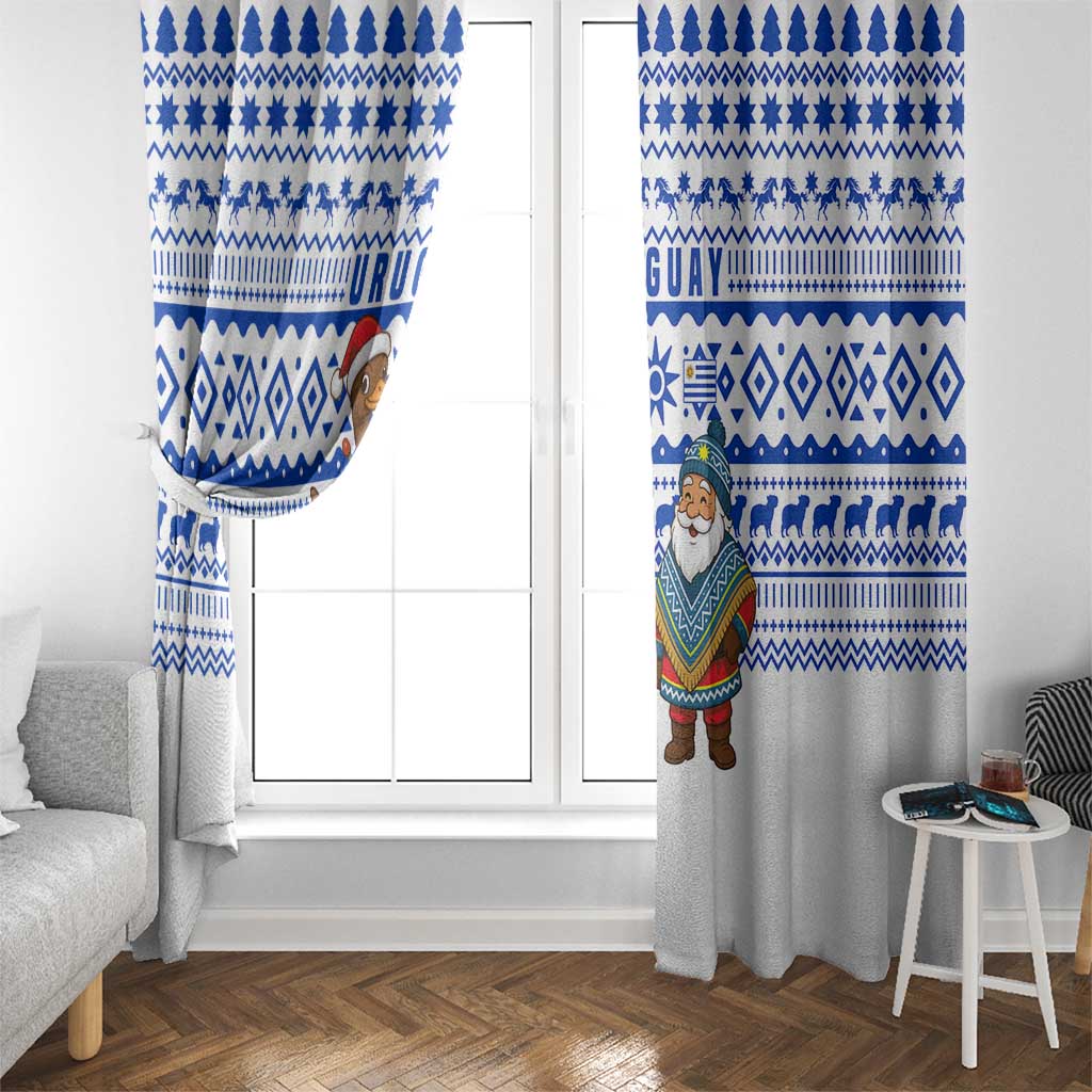 Uruguay Christmas Window Curtain with Santa Claus Rhea Bird Holiday Lights and Blue Geometric Pattern - Wonder Print Shop