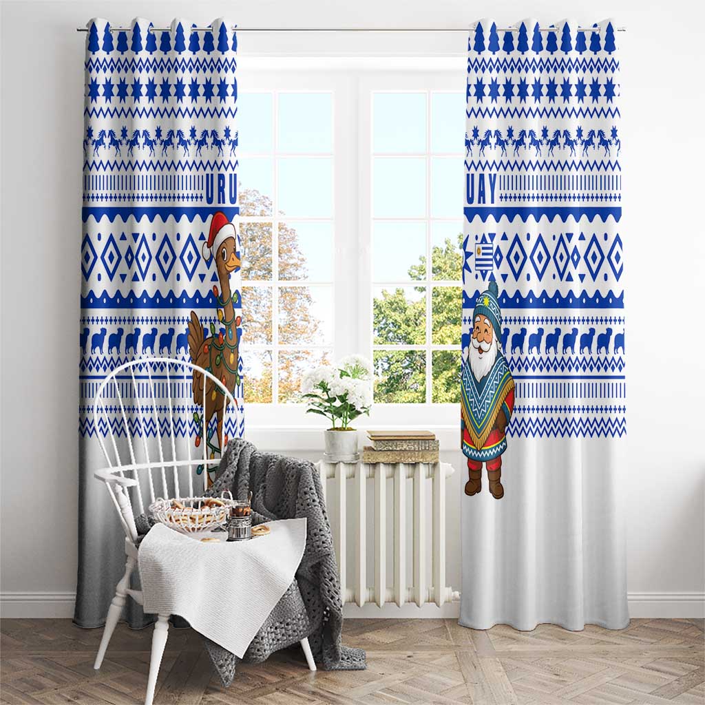 Uruguay Christmas Window Curtain with Santa Claus Rhea Bird Holiday Lights and Blue Geometric Pattern - Wonder Print Shop