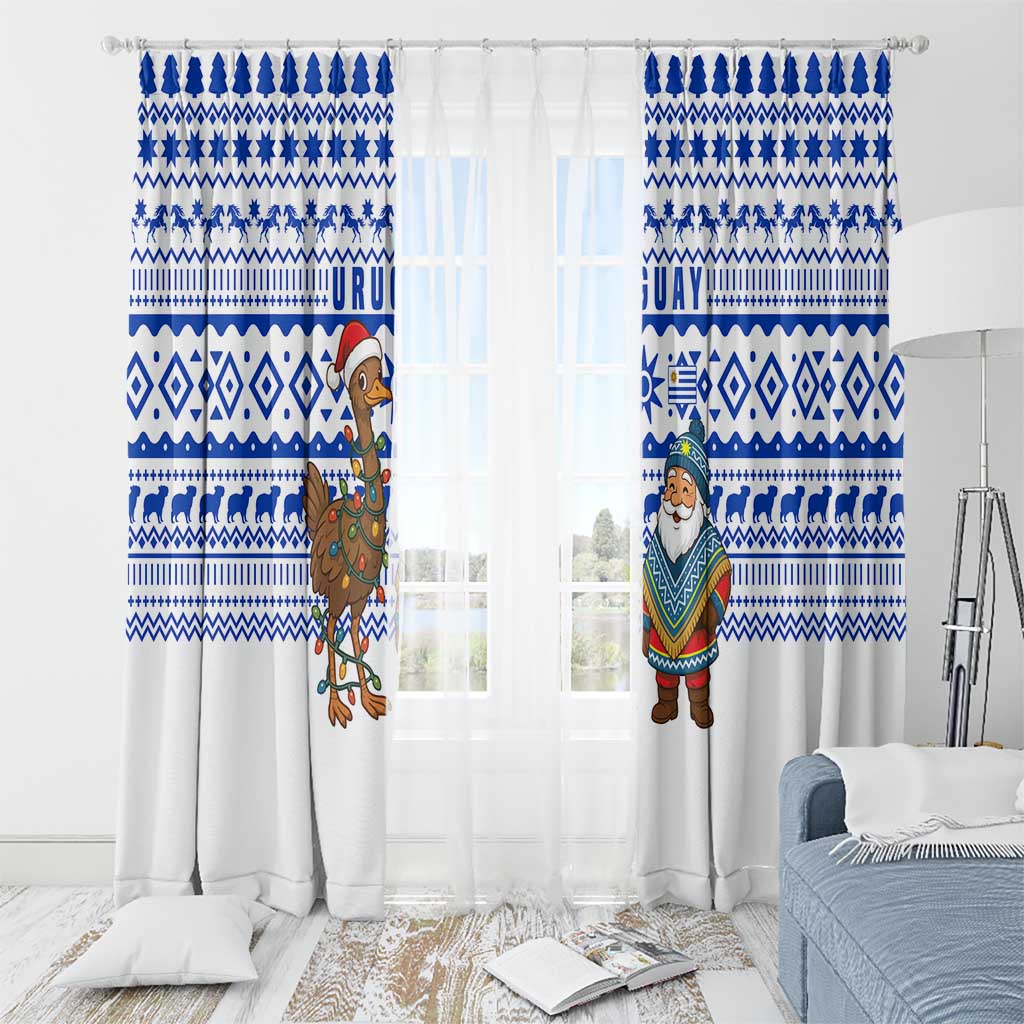 Uruguay Christmas Window Curtain with Santa Claus Rhea Bird Holiday Lights and Blue Geometric Pattern - Wonder Print Shop