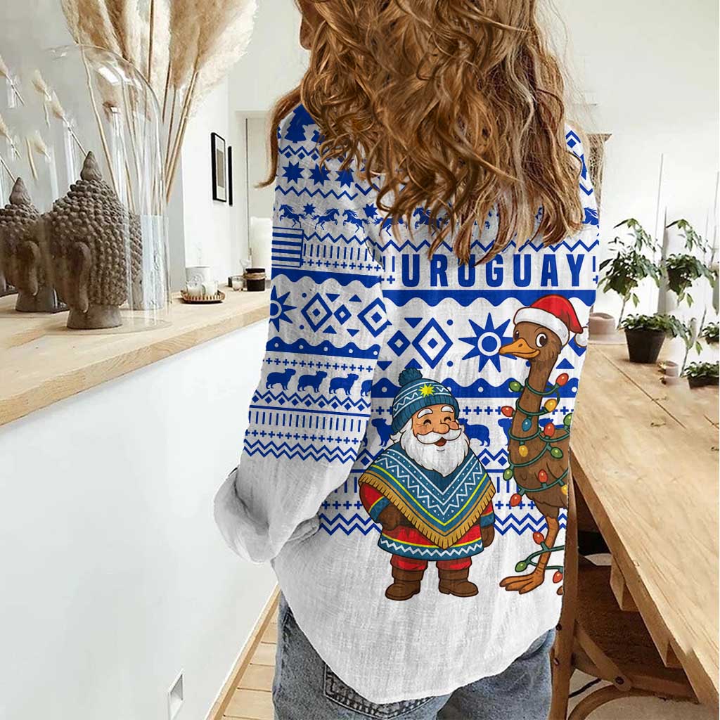 Uruguay Christmas Women Casual Shirt with Santa Claus Rhea Bird Holiday Lights and Blue Geometric Pattern - Wonder Print Shop