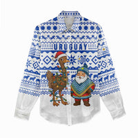 Uruguay Christmas Women Casual Shirt with Santa Claus Rhea Bird Holiday Lights and Blue Geometric Pattern - Wonder Print Shop