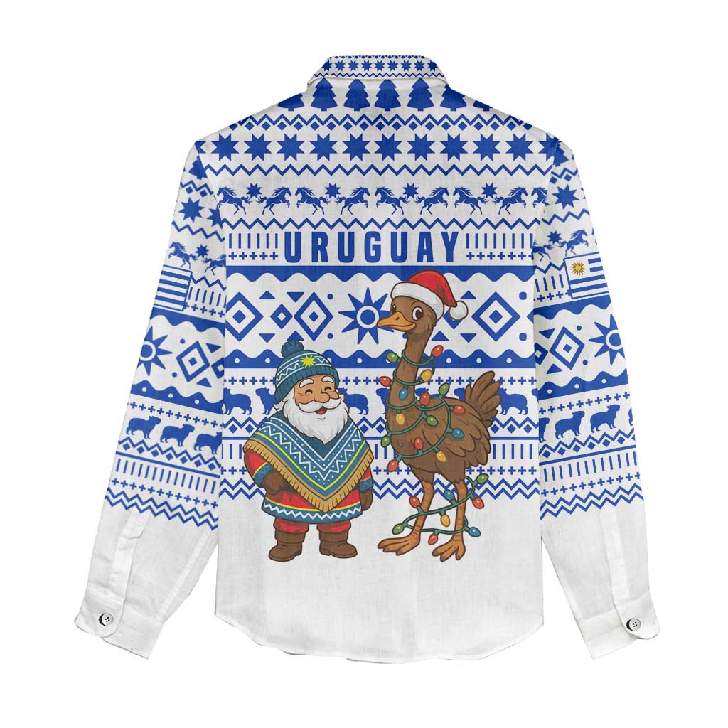 Uruguay Christmas Women Casual Shirt with Santa Claus Rhea Bird Holiday Lights and Blue Geometric Pattern - Wonder Print Shop