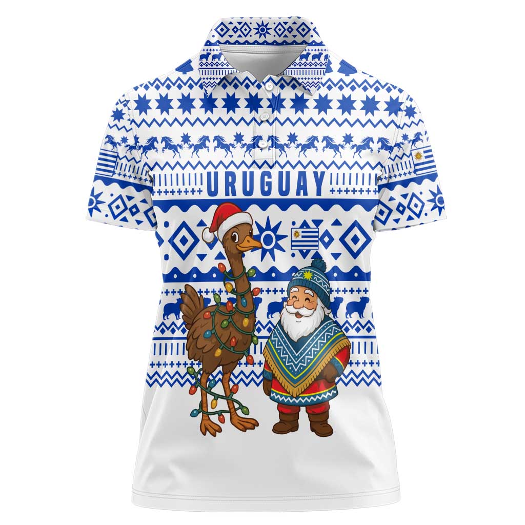 Uruguay Christmas Women Polo Shirt with Santa Claus Rhea Bird Holiday Lights and Blue Geometric Pattern - Wonder Print Shop