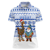 Uruguay Christmas Women Polo Shirt with Santa Claus Rhea Bird Holiday Lights and Blue Geometric Pattern - Wonder Print Shop