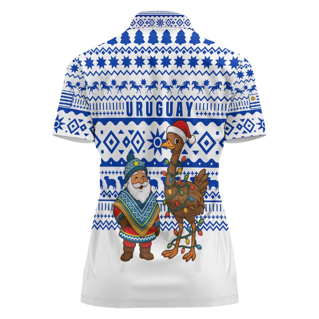 Uruguay Christmas Women Polo Shirt with Santa Claus Rhea Bird Holiday Lights and Blue Geometric Pattern - Wonder Print Shop