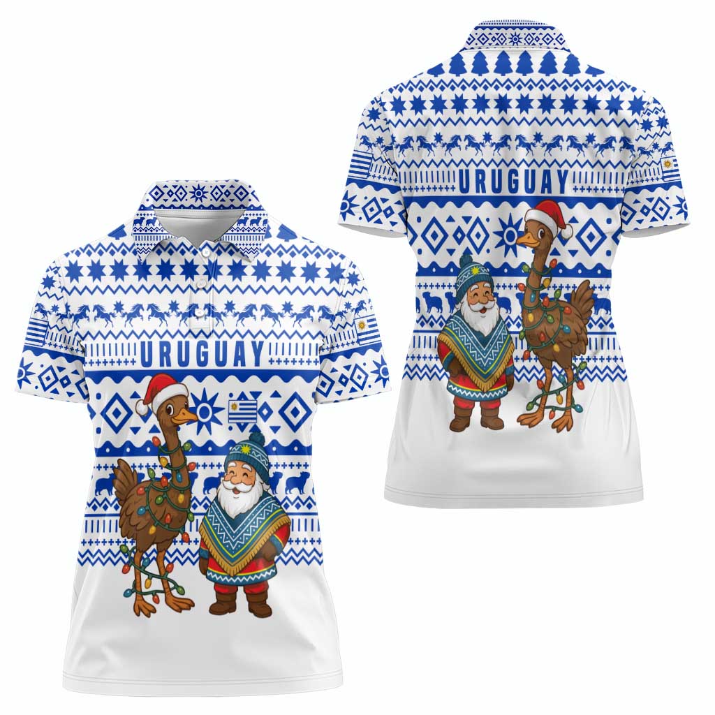 Uruguay Christmas Women Polo Shirt with Santa Claus Rhea Bird Holiday Lights and Blue Geometric Pattern - Wonder Print Shop