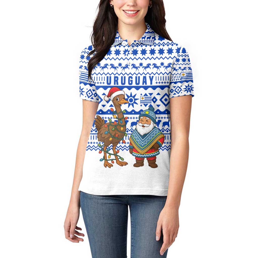 Uruguay Christmas Women Polo Shirt with Santa Claus Rhea Bird Holiday Lights and Blue Geometric Pattern - Wonder Print Shop