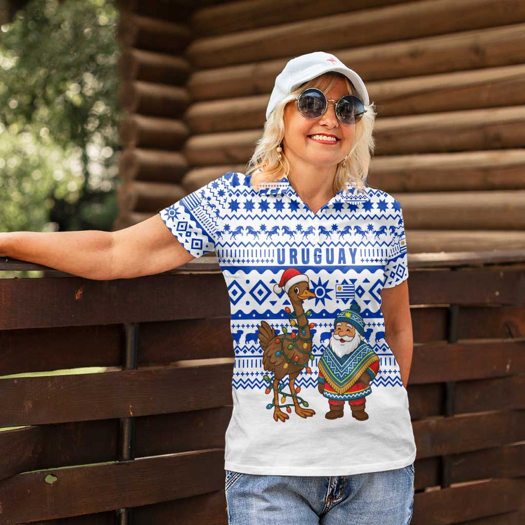 Uruguay Christmas Women Polo Shirt with Santa Claus Rhea Bird Holiday Lights and Blue Geometric Pattern - Wonder Print Shop