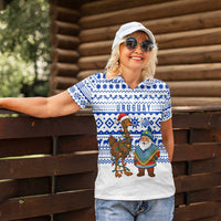 Uruguay Christmas Women Polo Shirt with Santa Claus Rhea Bird Holiday Lights and Blue Geometric Pattern - Wonder Print Shop