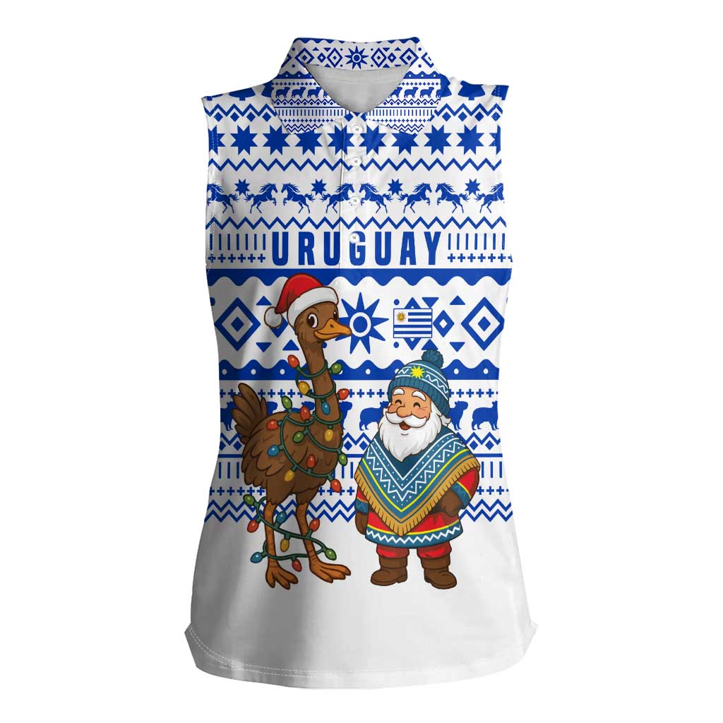 Uruguay Christmas Women Sleeveless Polo Shirt with Santa Claus Rhea Bird Holiday Lights and Blue Geometric Pattern - Wonder Print Shop