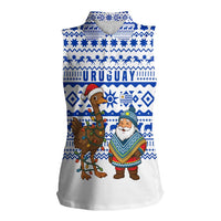 Uruguay Christmas Women Sleeveless Polo Shirt with Santa Claus Rhea Bird Holiday Lights and Blue Geometric Pattern - Wonder Print Shop