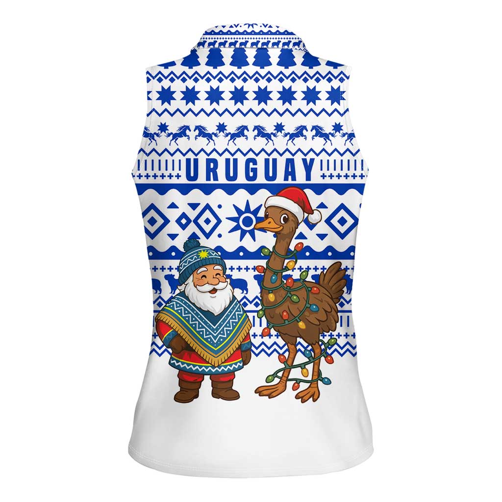 Uruguay Christmas Women Sleeveless Polo Shirt with Santa Claus Rhea Bird Holiday Lights and Blue Geometric Pattern - Wonder Print Shop