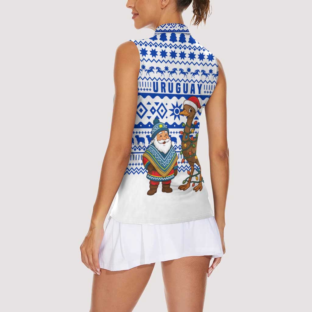 Uruguay Christmas Women Sleeveless Polo Shirt with Santa Claus Rhea Bird Holiday Lights and Blue Geometric Pattern - Wonder Print Shop