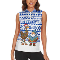 Uruguay Christmas Women Sleeveless Polo Shirt with Santa Claus Rhea Bird Holiday Lights and Blue Geometric Pattern - Wonder Print Shop