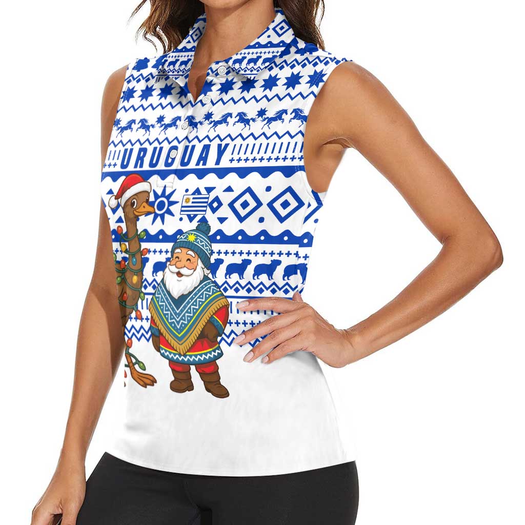 Uruguay Christmas Women Sleeveless Polo Shirt with Santa Claus Rhea Bird Holiday Lights and Blue Geometric Pattern - Wonder Print Shop