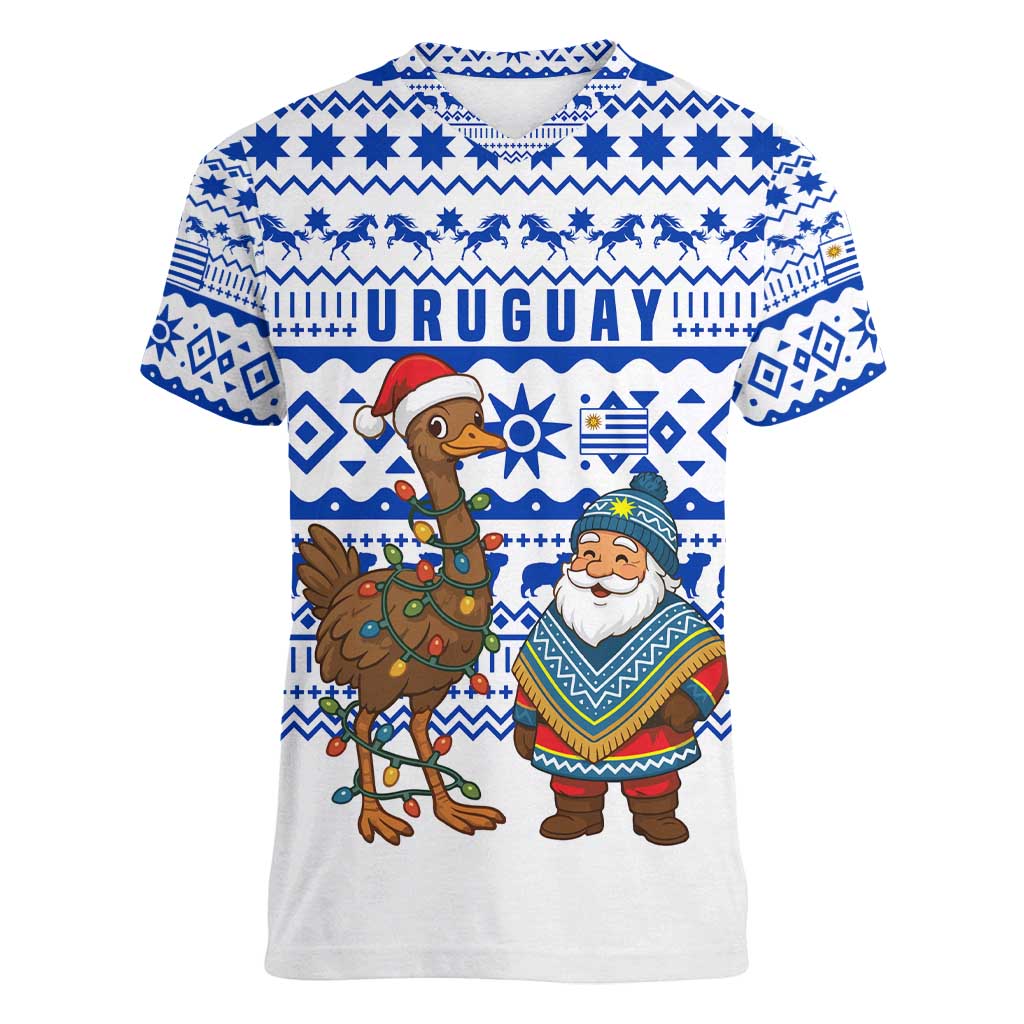 Uruguay Christmas Women V-Neck T-Shirt with Santa Claus Rhea Bird Holiday Lights and Blue Geometric Pattern - Wonder Print Shop