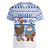 Uruguay Christmas Women V-Neck T-Shirt with Santa Claus Rhea Bird Holiday Lights and Blue Geometric Pattern - Wonder Print Shop