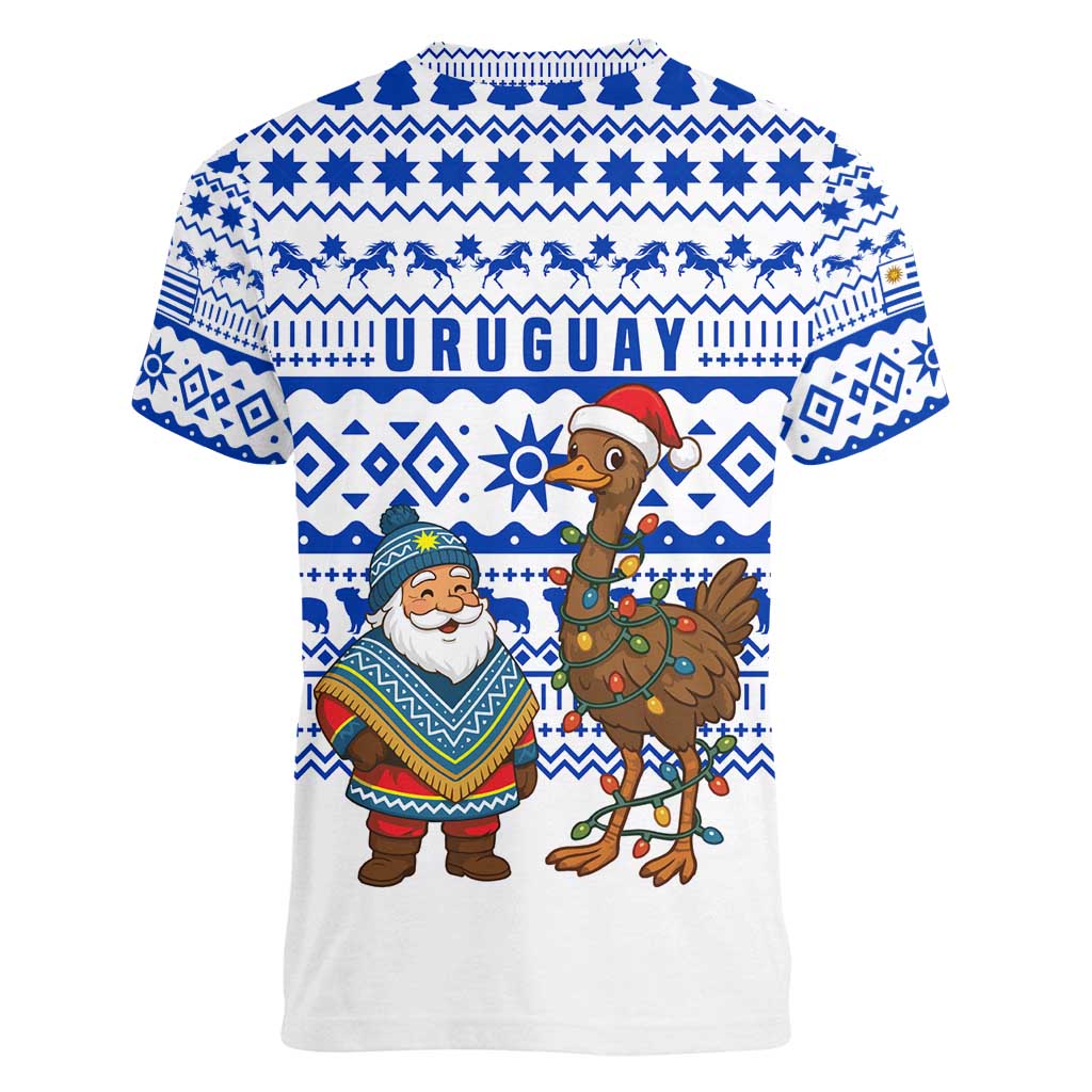 Uruguay Christmas Women V-Neck T-Shirt with Santa Claus Rhea Bird Holiday Lights and Blue Geometric Pattern - Wonder Print Shop